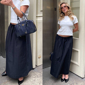 DJERF AVENUE Breezy Cotton Eyelet Hem Midi Skirt Black Size S Elastic Waist